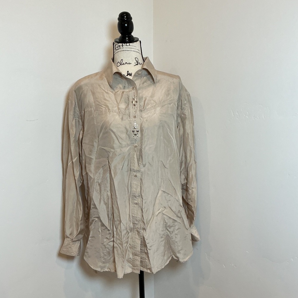 WANTED BY BEADS BEAUTIFUL‎ Silk Embellished Button Up Shirt Top Size L 100% silk